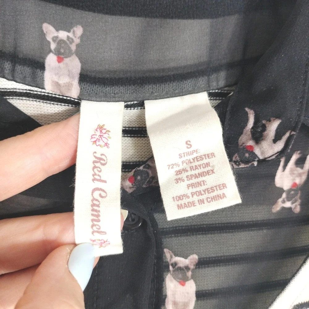 French Bulldog Print/Striped Top; Red Camel; Layered Hem, 3/4 Sleeve